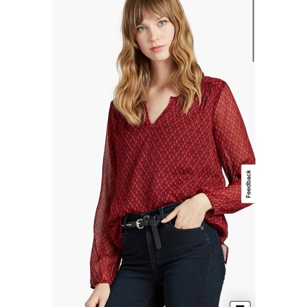 Lucky Brand Red Patterned V-Neck Blouse